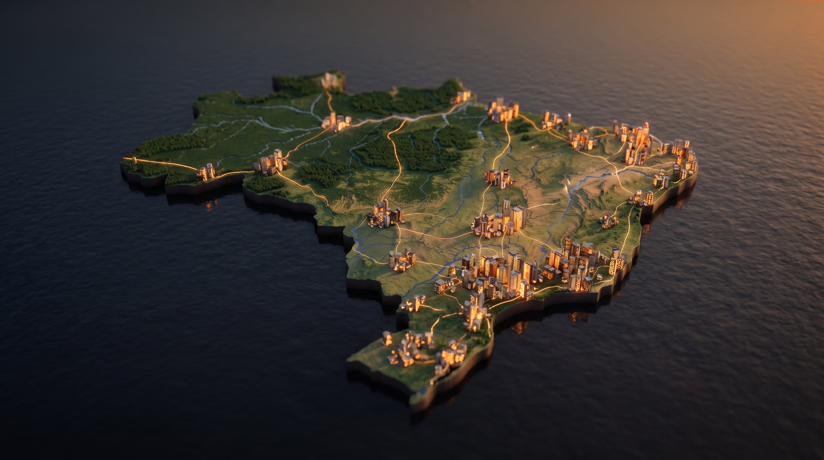 O Brasil inteiro em miniatura ao entardecer, com prédios acesos nas cidades.